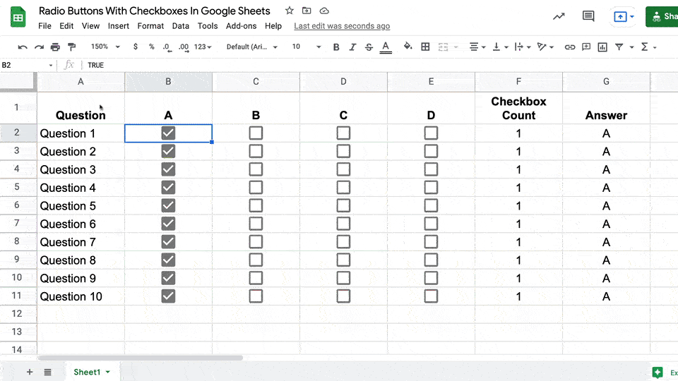 Radio Buttons in Google Sheets: Only One Checkbox Checked