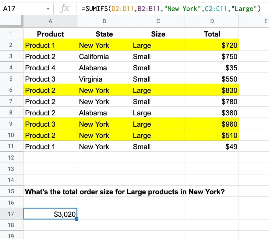 Google Sheets SUMIFS Function