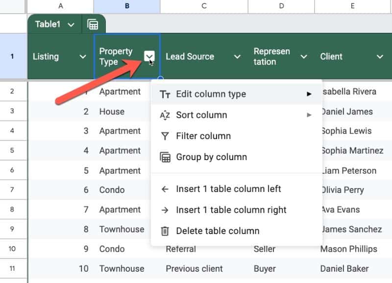 Column Menu in Tables feature of Google Sheets