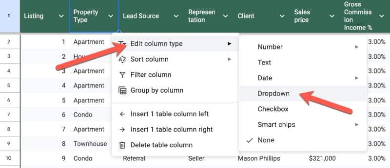Dropdown option in Google Sheets Tables