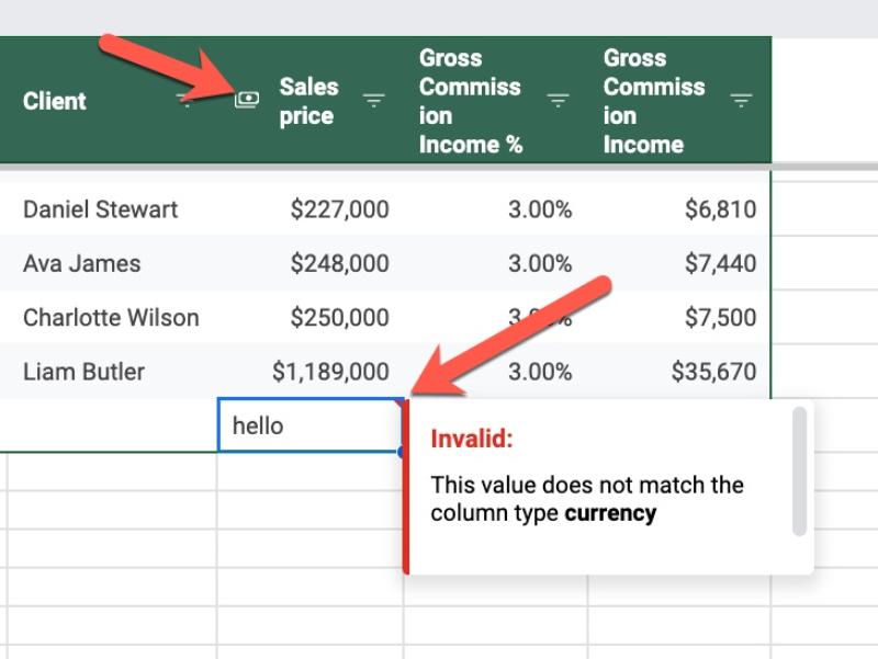 Data validation in Tables in Google Sheets