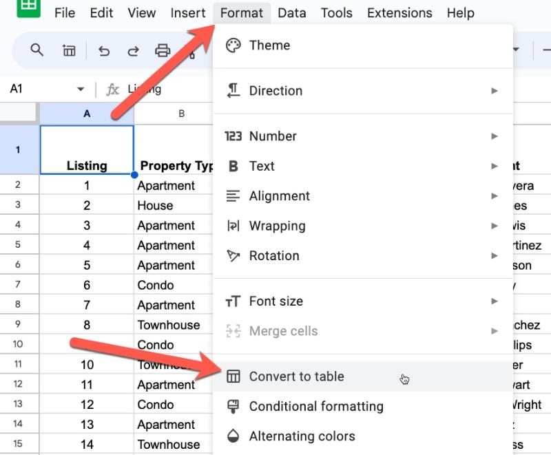 Format menu in Google Sheets